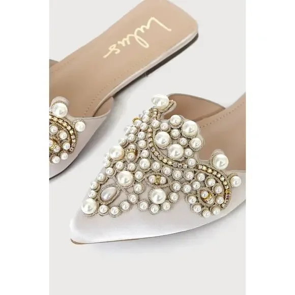 NWOT Lulus Flora Beige Suede Pearl Embroidered Pointed-Toe Flats 8 - Picture 3 of 3